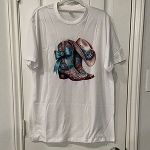 NWOT White T-Shirt with Cowboy Boots and Hat Design